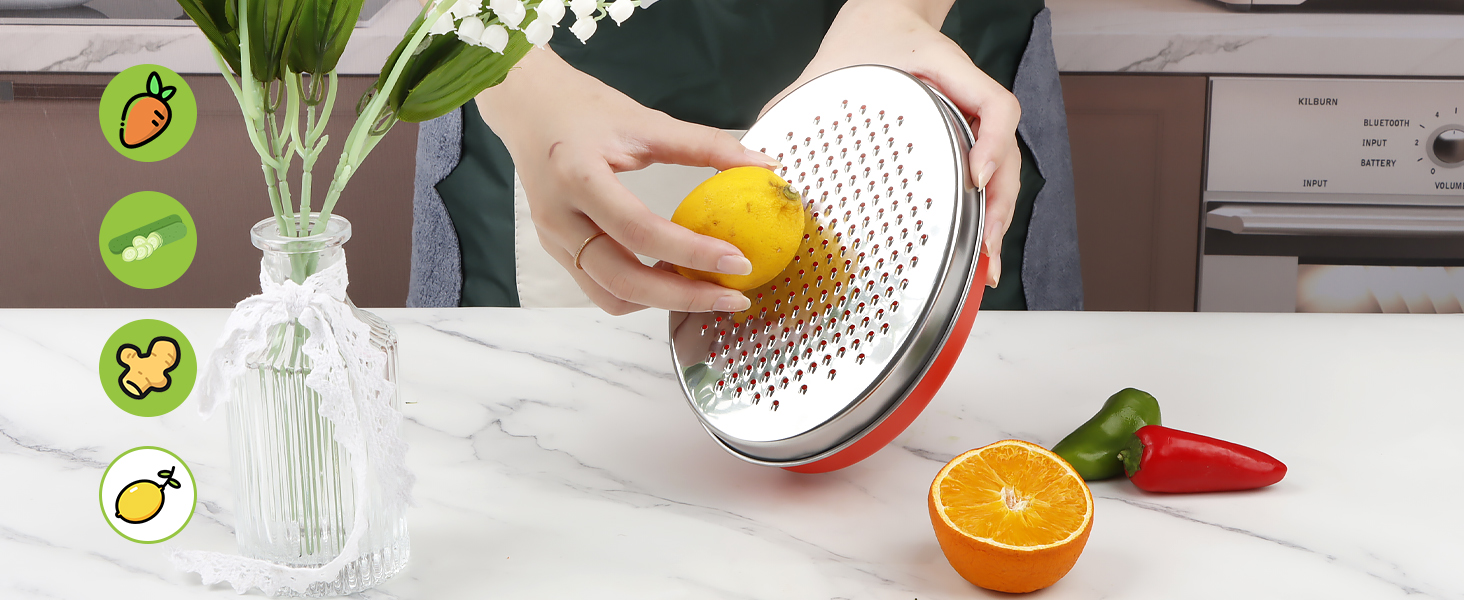 Cheese Grater Citrus Lemon Zester with Food Storage Container & Lid - Perfect For Hard Parmesan Or Soft Cheddar Cheeses, Ginger, Vegetables, Butter, Chocolate & Nutmeg (Red)