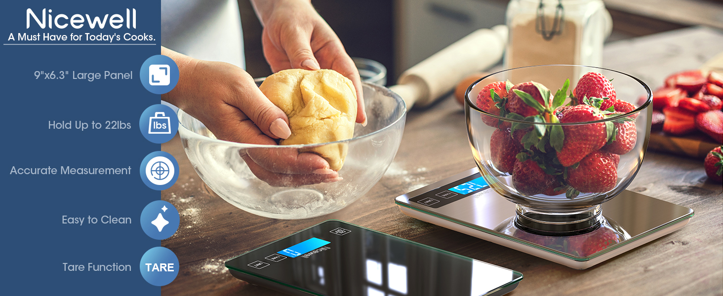 Nicewell Food Scale, 22lb Digital Kitchen Scale Weight Grams and oz for Cooking Baking, 1g/0.1oz Precise Graduation, Stainless Steel and Tempered Glass