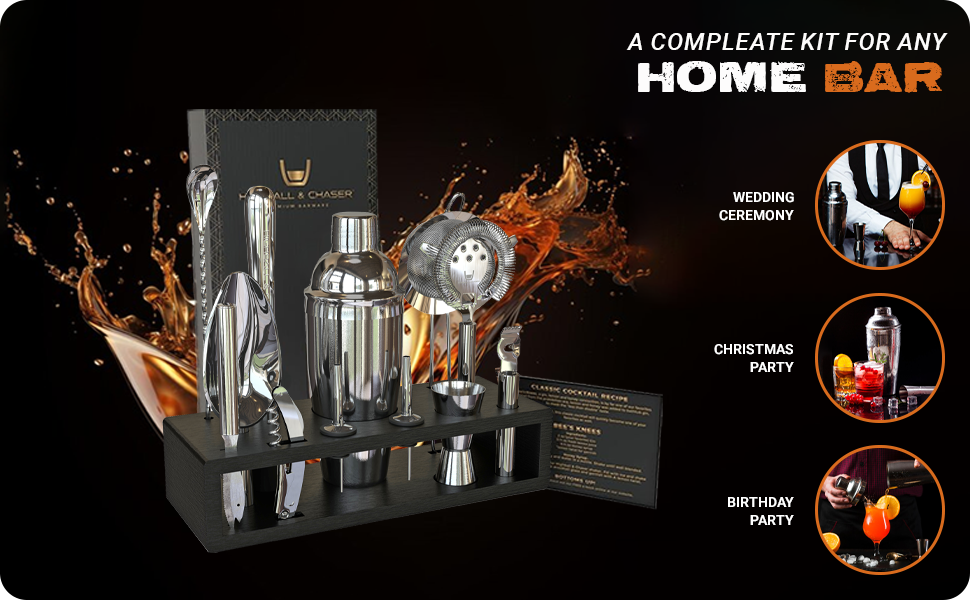 Highball & Chaser 13-Piece Cobbler Cocktail Shaker Set Stainless Steel Mixology Bartender Kit With Stand For Home Bar Cocktail Set | Laser Engraved Cocktail Tools | Plus Ebook with 30 Cocktail Recipes