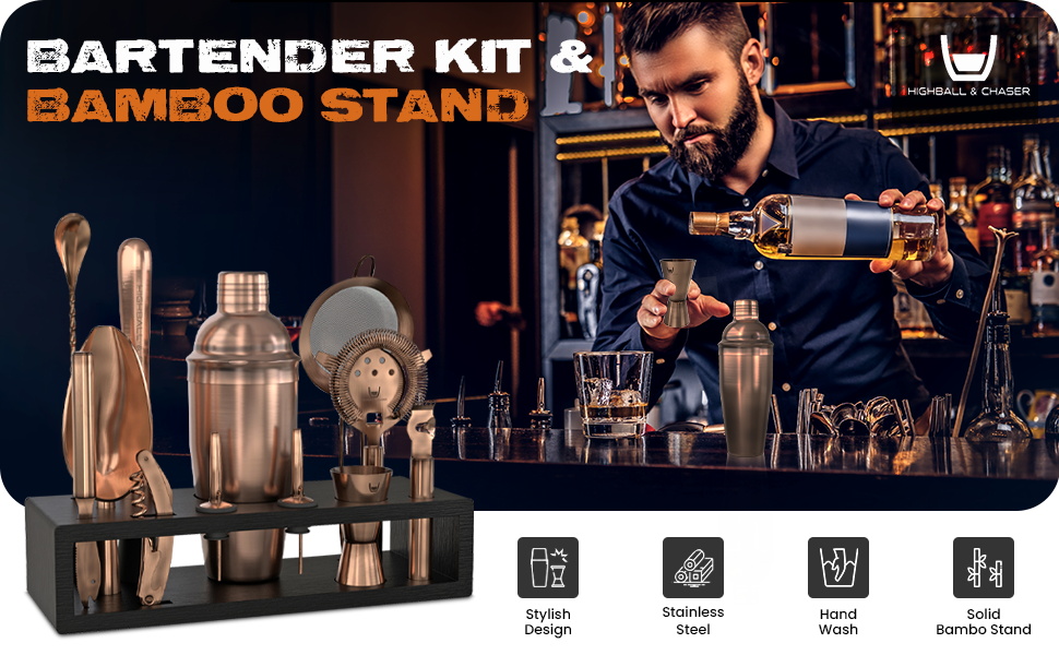 Highball & Chaser 13-Piece Cobbler Cocktail Shaker Set Stainless Steel Mixology Bartender Kit With Stand For Home Bar Cocktail Set | Laser Engraved Cocktail Tools | Plus Ebook with 30 Cocktail Recipes