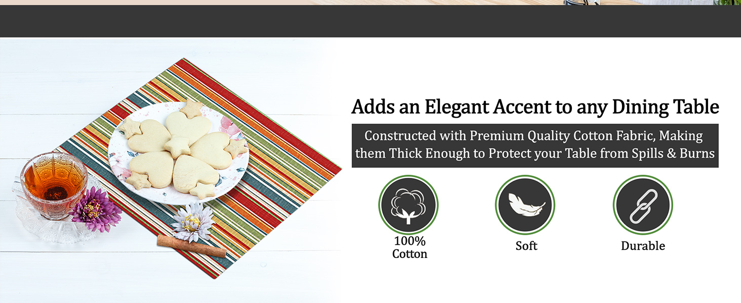 Ruvanti Placemats 100% Cotton 13x19 Inch, Dining Table Placemats Set of 6, Place Mats for Dining Table Decor, Kitchen & Table Linens, Coffee Mat for Christmas Dinners - Multi Stripe