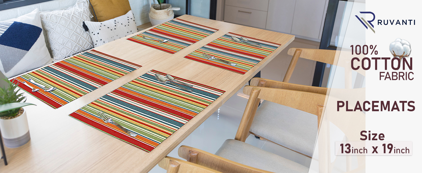 Ruvanti Placemats 100% Cotton 13x19 Inch, Dining Table Placemats Set of 6, Place Mats for Dining Table Decor, Kitchen & Table Linens, Coffee Mat for Christmas Dinners - Multi Stripe