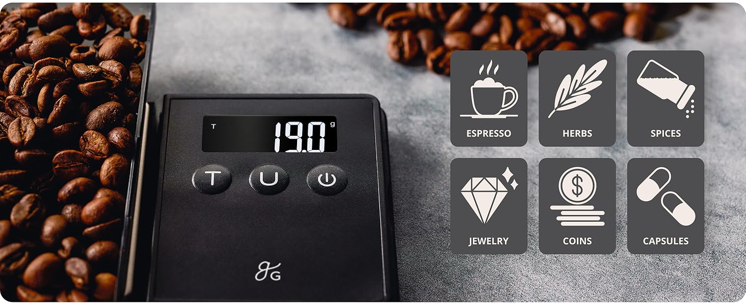 Greater Goods Digital Espresso and Coffee Scale - 750 x 0.1g, Mini Scale with 6 Units of Measurement