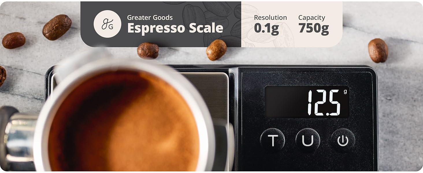 Greater Goods Digital Espresso and Coffee Scale - 750 x 0.1g, Mini Scale with 6 Units of Measurement
