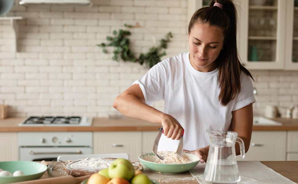 ALLTOP Pastry Shortening Blender Cutter,Stainless Steel Dough Masher for Butter, Biscuit,Baking, Kneading,Dough, Flakier and Fluffier Pie Crusts, Almond - Hand Kitchen Tool (1, Black)