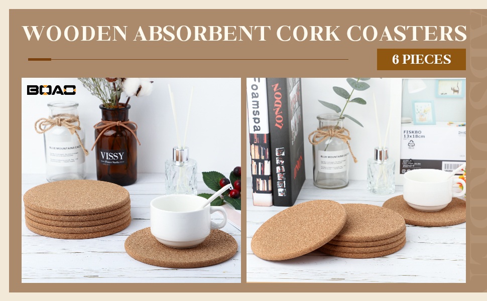Boao 6 Pcs Round Cork Trivets for Hot Dishes High Density Thick Coasters Wooden Absorbent Cork Plant Coasters for Kitchen, Drinks Coffee Plants (6 Inch)