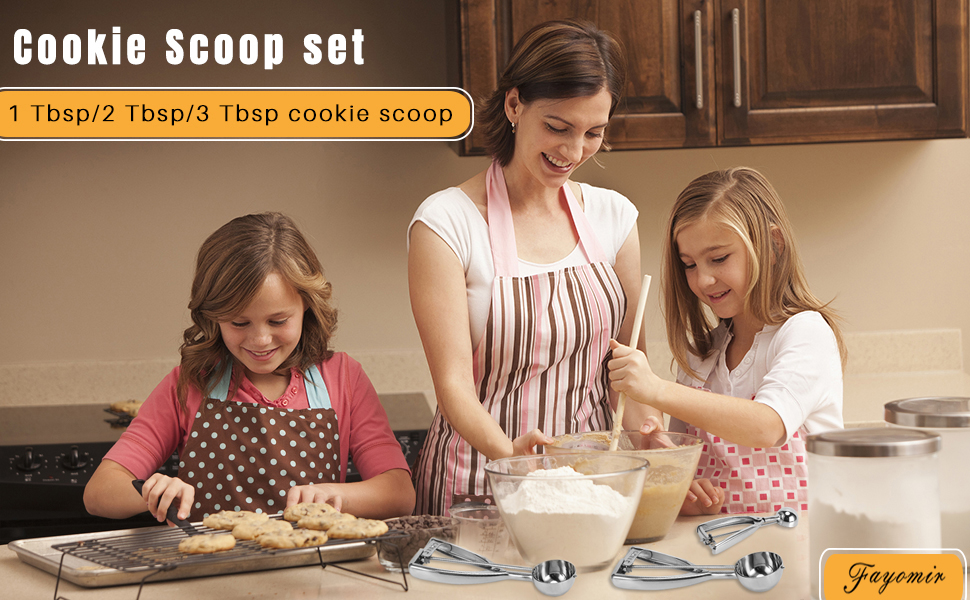 Cookie Scoop Set - Small/1 Tbsp, Medium/2 Tbsp, Large/3 Tbsp - Cookie Dough Scoop, Cookie Scoops for Baking Set of 3, Heavy-Duty 18/8 Stainless Steel Melon Baller Scoop Ice Cream Scoop
