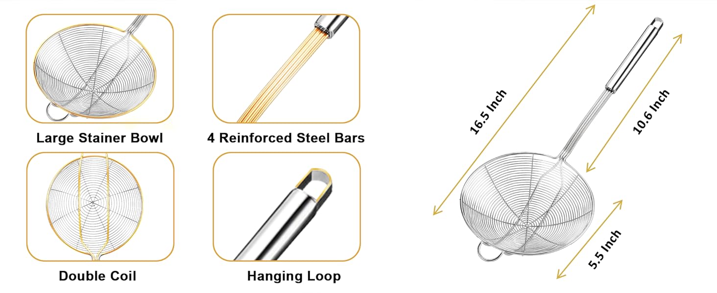 Yimi 16.5 Inch Spider Strainer | Stainless Steel Kitchen Cooking Skimmer with Double Hook Long Handle | Spiral Wire Spoon Ladle with Reinforced Double Coil for Cooking and Frying, Ideal for Gift