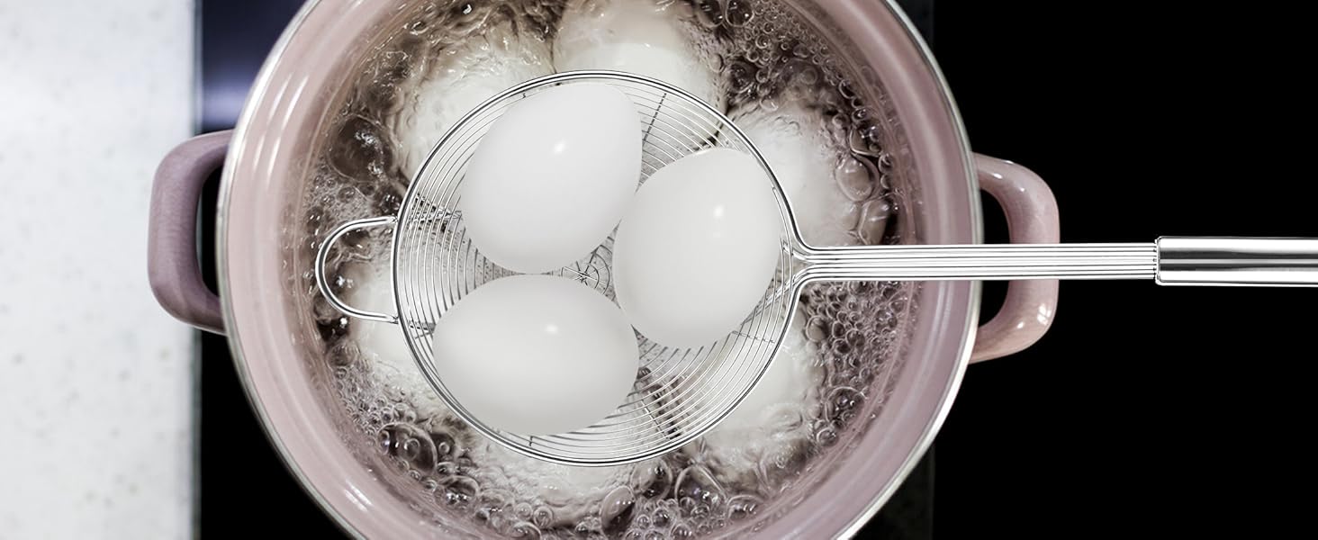 Yimi 16.5 Inch Spider Strainer | Stainless Steel Kitchen Cooking Skimmer with Double Hook Long Handle | Spiral Wire Spoon Ladle with Reinforced Double Coil for Cooking and Frying, Ideal for Gift