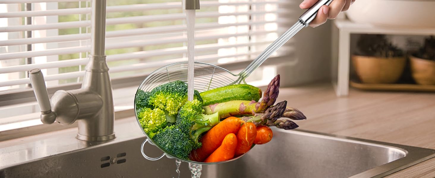 Yimi 16.5 Inch Spider Strainer | Stainless Steel Kitchen Cooking Skimmer with Double Hook Long Handle | Spiral Wire Spoon Ladle with Reinforced Double Coil for Cooking and Frying, Ideal for Gift