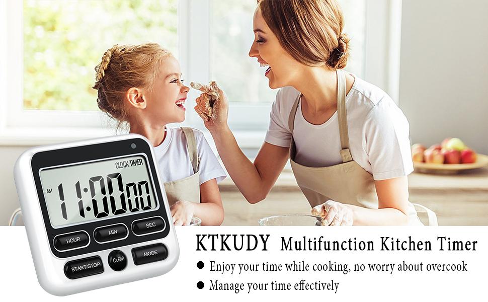 KTKUDY Digital Kitchen Timer with Mute/Loud Alarm Switch ON/Off Switch, 12-Hour Clock & Alarm, Memory Function Count Up & Count Down for Kids Teachers Cooking, Large LCD Display, Strong Magnet (Black)
