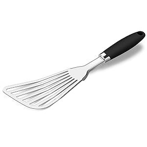 304 Stainless Steel Fish Spatula, Non-Slip Ergonomic Handle Slotted Spatula, Black