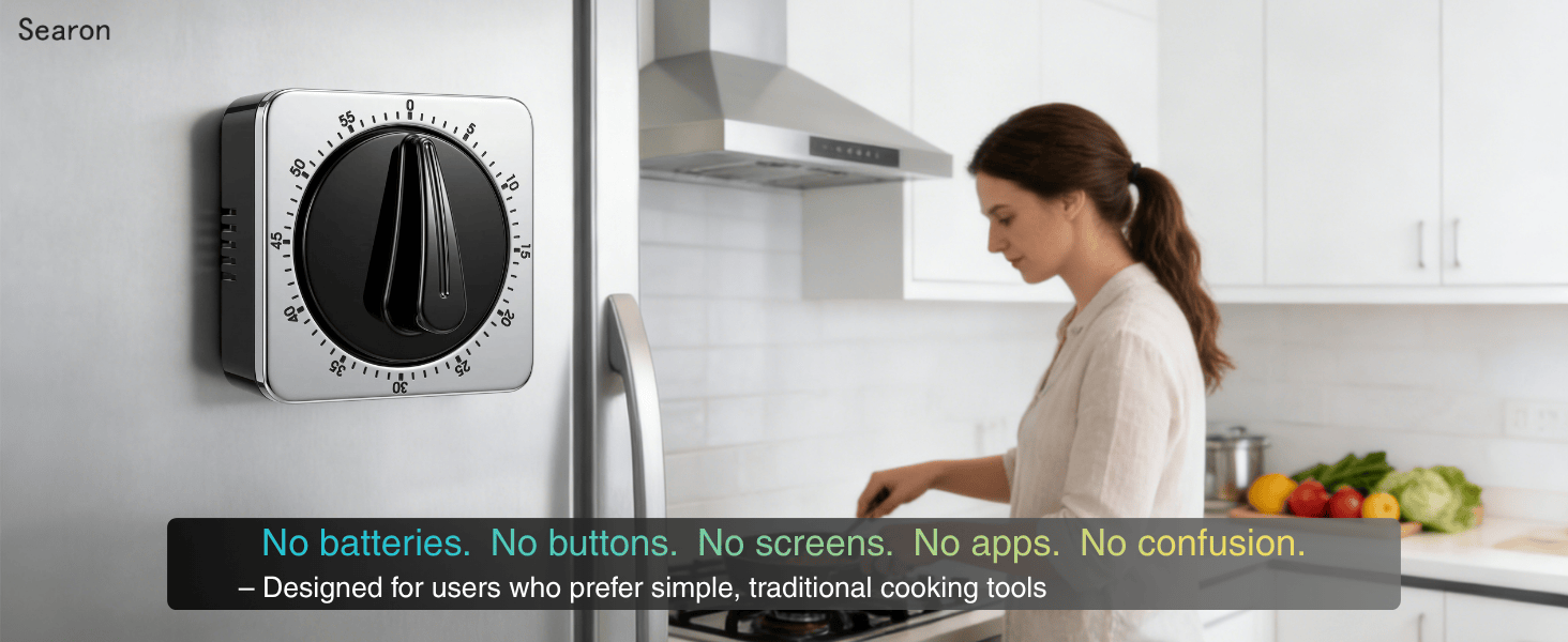 Searon Mechanical Kitchen Timer Magnetic with Loud Alarm, 60-Minute Manual Wind Up Analog Countdown Timer with Stainless Steel Scale, No Batteries for Chef Cooking, Baking, Egg, Oven, Seniors
