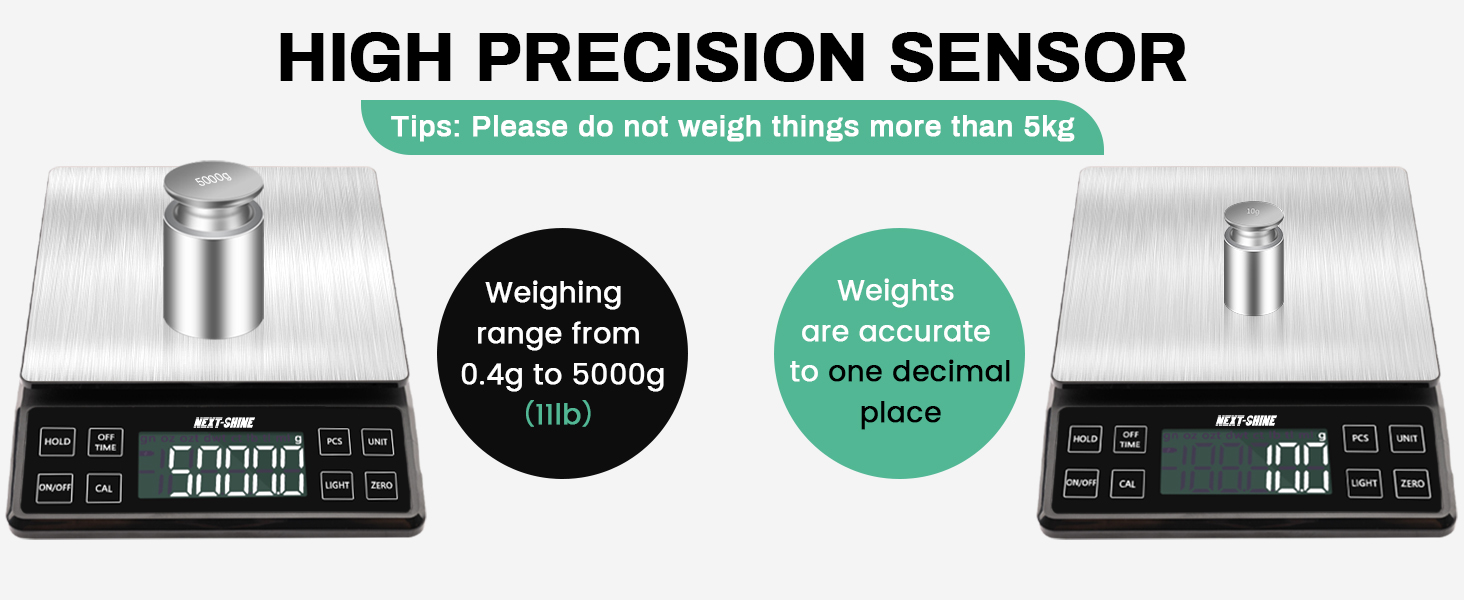 NEXT-SHINE Food Kitchen Scale 11lb, 0.1g/0.01oz Precise Graduation Rechargeable Digital Scale with Nine Units Large Tray Stainless Steel Platform LCD Display for Meal Prep Cooking Baking