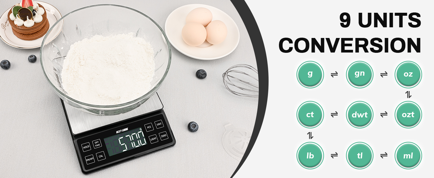 NEXT-SHINE Food Kitchen Scale 11lb, 0.1g/0.01oz Precise Graduation Rechargeable Digital Scale with Nine Units Large Tray Stainless Steel Platform LCD Display for Meal Prep Cooking Baking