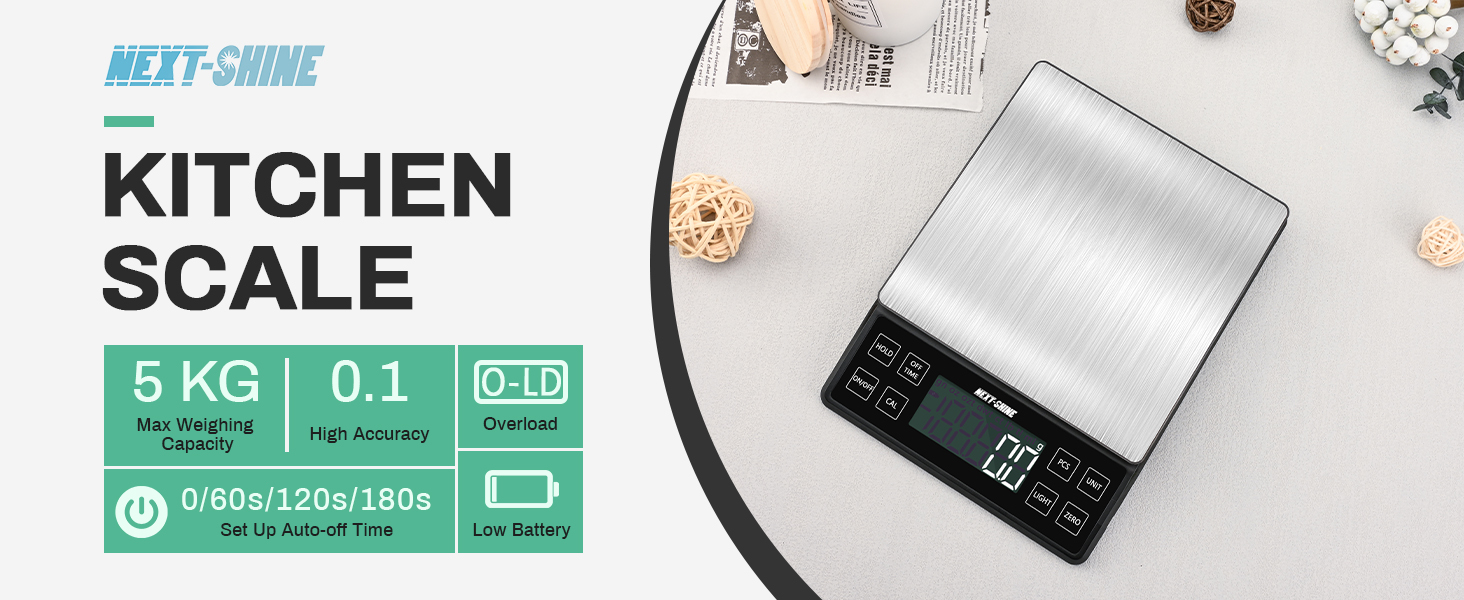 NEXT-SHINE Food Kitchen Scale 11lb, 0.1g/0.01oz Precise Graduation Rechargeable Digital Scale with Nine Units Large Tray Stainless Steel Platform LCD Display for Meal Prep Cooking Baking