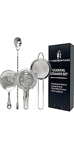 Cocktail Strainer Set Stainless Steel Bar Tools with Stirring Spoon - Hawthorne, Julep, & Fine-Mesh Sifter for Drinks