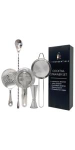 Cocktail Strainer Set Stainless Steel Bar Tools with Stirring Spoon - Hawthorne, Julep, & Fine-Mesh Sifter for Drinks