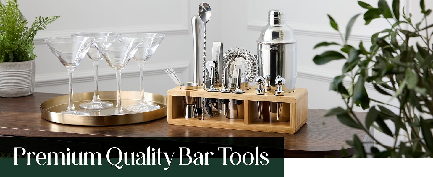 Barillio Black Bartender Kit - Stainless-Steel Cocktail Shaker Set w/Bamboo Stand - Mixology Bar Tools w/Drink Shaker, Mixer Spoon & Muddler for Cocktails - Home Bar Accessories - 23-Pc Bar Set