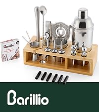 Barillio Black Bartender Kit - Stainless-Steel Cocktail Shaker Set w/Bamboo Stand - Mixology Bar Tools w/Drink Shaker, Mixer Spoon & Muddler for Cocktails - Home Bar Accessories - 23-Pc Bar Set