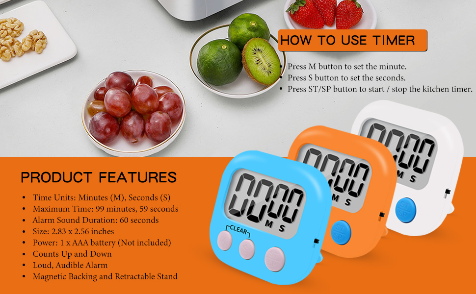 6 Pack Small Digital Kitchen Timer Magnetic Back and ON/Off Switch,Minute Second Count Up Countdown (Multicolored)