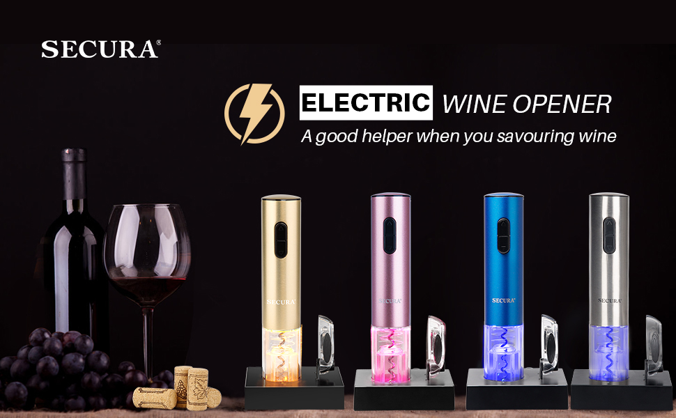 Secura Electric Wine Opener, Automatic Bottle Corkscrew Opener with Foil Cutter, Rechargeable (Champagne Gold)