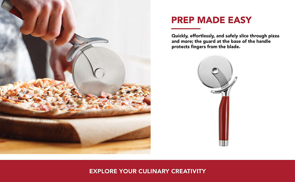 KitchenAid Gourmet Stainless Steel Pizza Wheel with Sharp Blade to Easily Cutting Pizza Crusts, Pies, and more, Finger Guard for Safety and Comfort Grip to Protect Fingers, Dishwasher Safe, Black