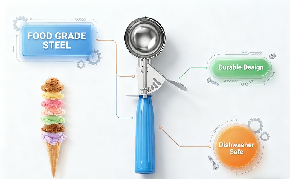 TOPKITCHEN Commercial-Grade Ice Cream Scoop 3.25 oz, 18/8 Stainless Steel Cookie Scoop with Plastic Handle, Portion Control Disher Scoop for Bakeries, Restaurants & Dessert Shops, #10, Ivory