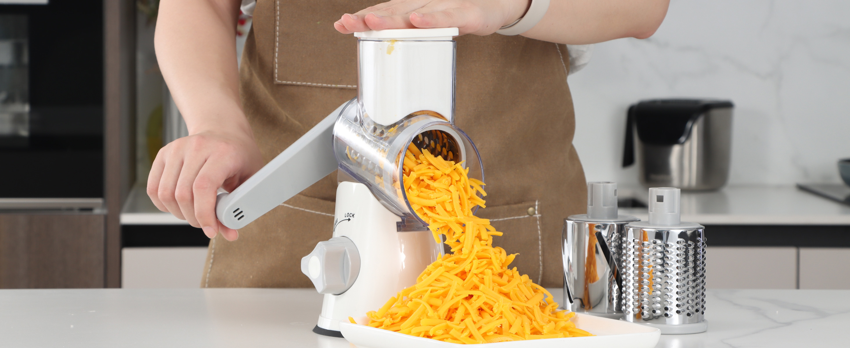 Ourokhome Rotary Cheese Grater Hand Crank, Kitchen Shredder Speed Mandolin Slicer Nuts Grinder with Handle and Drum Blades for Cheese, Vegetable, Walnuts, Chocolate, Potato, Carrot, 3 Blades, White