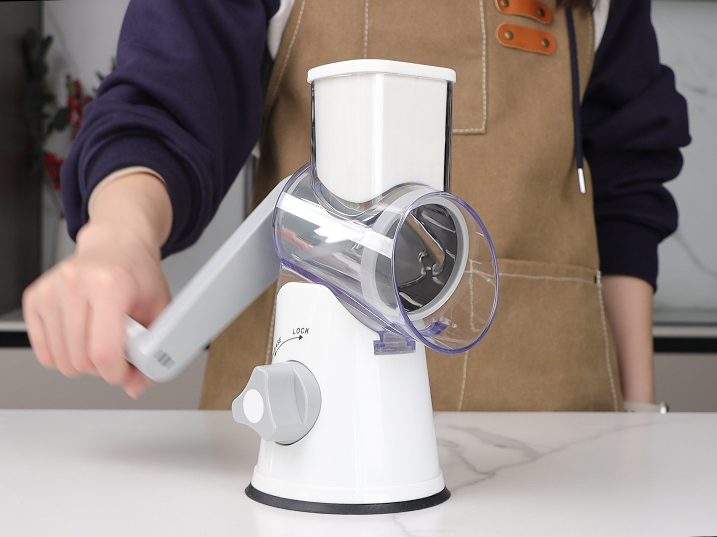 Ourokhome Rotary Cheese Grater Hand Crank, Kitchen Shredder Speed Mandolin Slicer Nuts Grinder with Handle and Drum Blades for Cheese, Vegetable, Walnuts, Chocolate, Potato, Carrot, 3 Blades, White