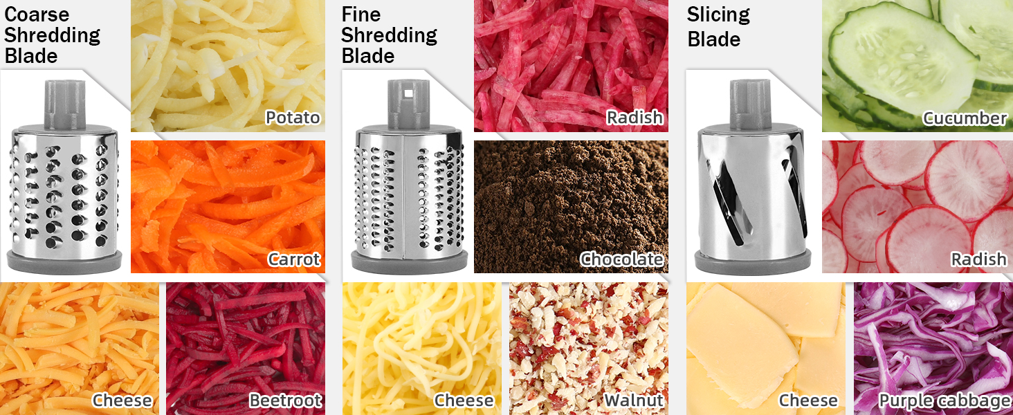 Ourokhome Rotary Cheese Grater Hand Crank, Kitchen Shredder Speed Mandolin Slicer Nuts Grinder with Handle and Drum Blades for Cheese, Vegetable, Walnuts, Chocolate, Potato, Carrot, 3 Blades, White