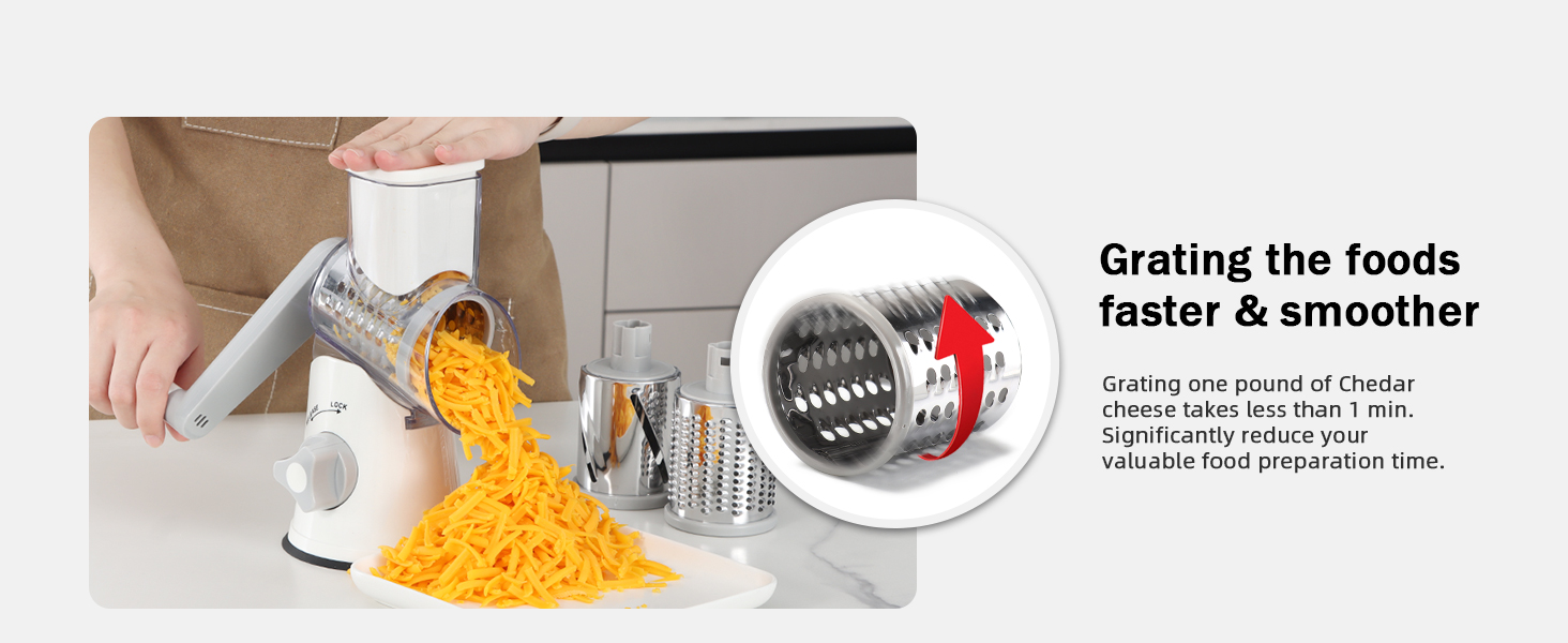 Ourokhome Rotary Cheese Grater Hand Crank, Kitchen Shredder Speed Mandolin Slicer Nuts Grinder with Handle and Drum Blades for Cheese, Vegetable, Walnuts, Chocolate, Potato, Carrot, 3 Blades, White