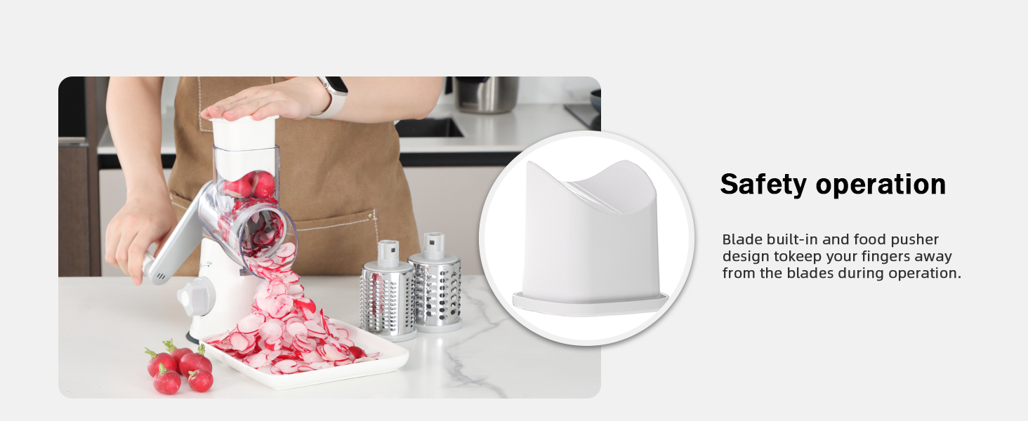 Ourokhome Rotary Cheese Grater Hand Crank, Kitchen Shredder Speed Mandolin Slicer Nuts Grinder with Handle and Drum Blades for Cheese, Vegetable, Walnuts, Chocolate, Potato, Carrot, 3 Blades, White