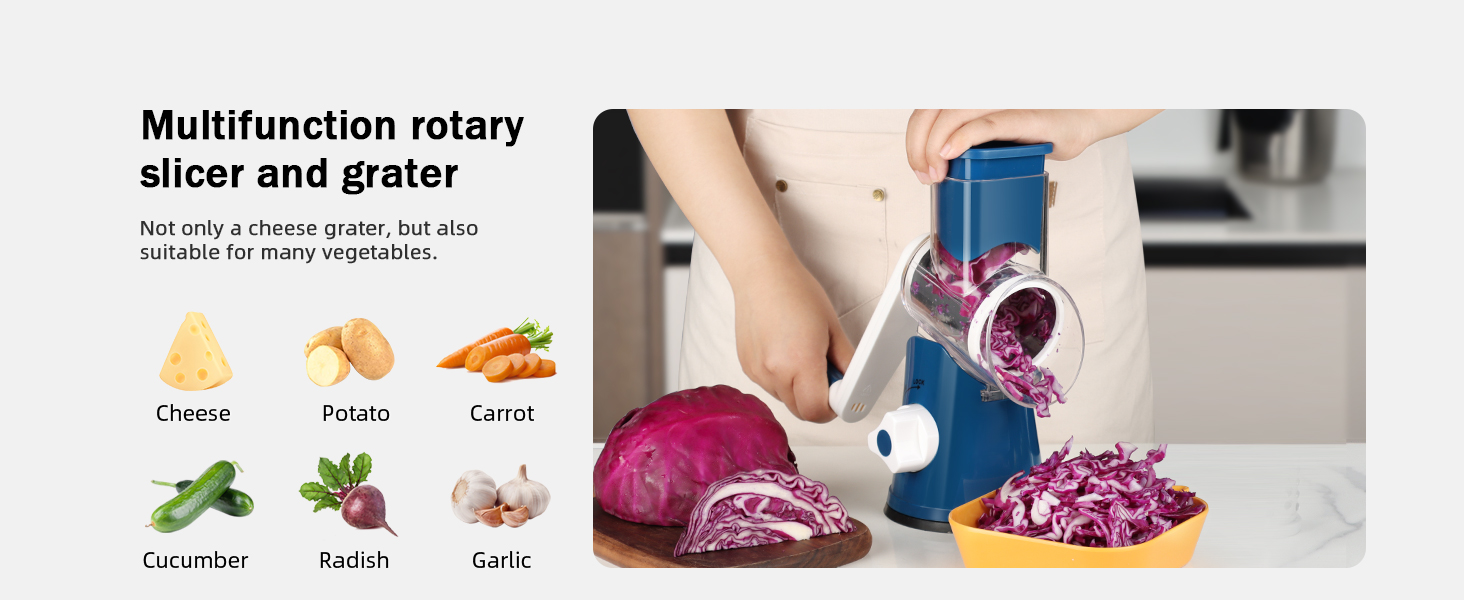 Ourokhome Rotary Cheese Grater Hand Crank, Kitchen Shredder Speed Mandolin Slicer Nuts Grinder with Handle and Drum Blades for Cheese, Vegetable, Walnuts, Chocolate, Potato, Carrot, 3 Blades, White