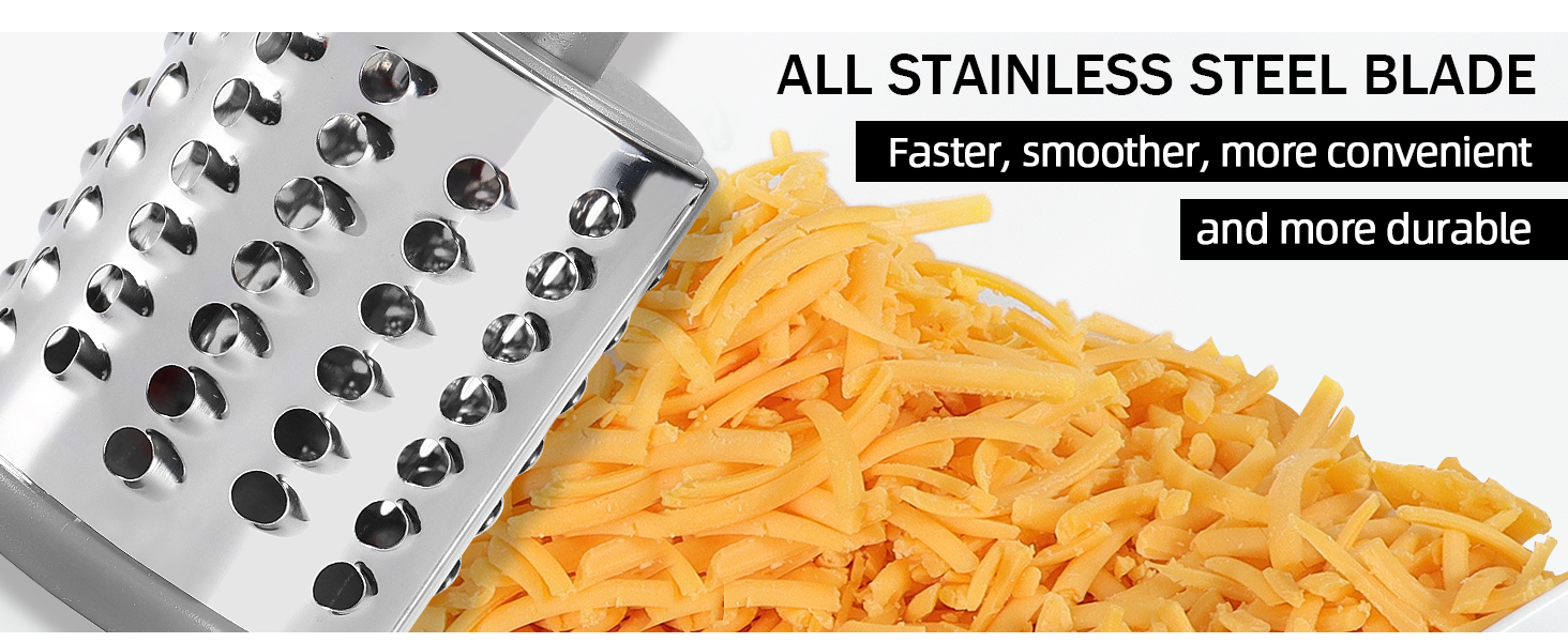 Ourokhome Rotary Cheese Grater Hand Crank, Kitchen Shredder Speed Mandolin Slicer Nuts Grinder with Handle and Drum Blades for Cheese, Vegetable, Walnuts, Chocolate, Potato, Carrot, 3 Blades, White