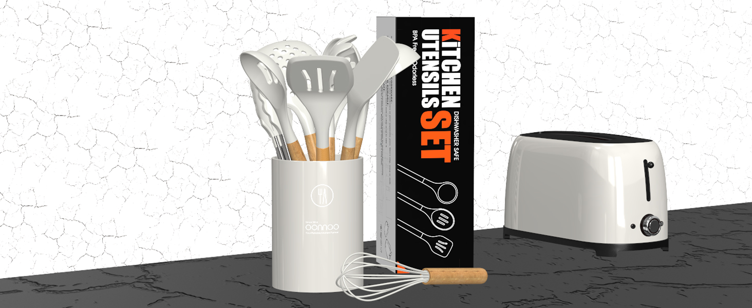 oannao Silicone Cooking Utensils Set - 446°F Heat Resistant Silicone Kitchen Utensils for Cooking,Kitchen Utensil Spatula Set w Wooden Handles, BPA FREE Gadgets for Non-Stick Cookware (Khaki)