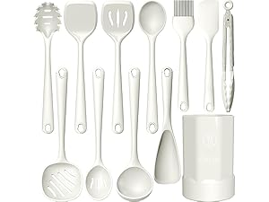 oannao Silicone Cooking Utensils Set - 446°F Heat Resistant Silicone Kitchen Utensils for Cooking,Kitchen Utensil Spatula Set w Wooden Handles, BPA FREE Gadgets for Non-Stick Cookware (Khaki)
