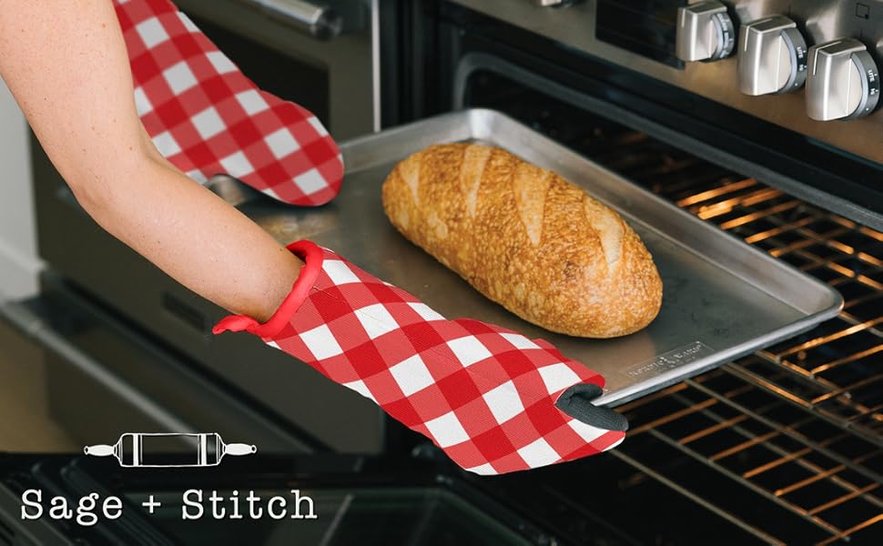 Heat Resistant Designer Kitchen Oven Mitts with Neoprene Non-Slip Grips and Hanging Loops | Set of 2 100% Cotton Long Sleeve Kitchen Oven Mitts | 5.5