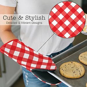 Heat Resistant Designer Kitchen Oven Mitts with Neoprene Non-Slip Grips and Hanging Loops | Set of 2 100% Cotton Long Sleeve Kitchen Oven Mitts | 5.5