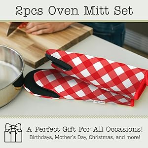 Heat Resistant Designer Kitchen Oven Mitts with Neoprene Non-Slip Grips and Hanging Loops | Set of 2 100% Cotton Long Sleeve Kitchen Oven Mitts | 5.5