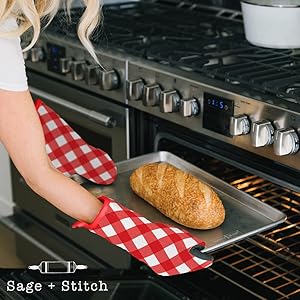 Heat Resistant Designer Kitchen Oven Mitts with Neoprene Non-Slip Grips and Hanging Loops | Set of 2 100% Cotton Long Sleeve Kitchen Oven Mitts | 5.5