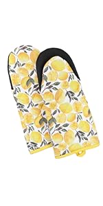 Heat Resistant Designer Kitchen Oven Mitts with Neoprene Non-Slip Grips and Hanging Loops | Set of 2 100% Cotton Long Sleeve Kitchen Oven Mitts | 5.5