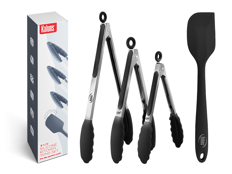 Kaluns Kitchen Tongs for Cooking Grilling Set of 4, BBQ Grill Tongs With Silicone Tip Stainless Steel Heat Resistant, Non-stick Pull Lock, Incl 7, 9, 12 Inch Tong Plus a Silicone Spatula