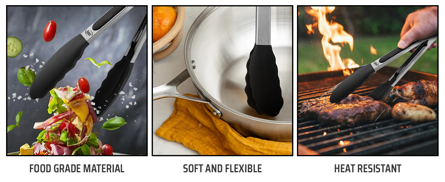 Kaluns Kitchen Tongs for Cooking Grilling Set of 4, BBQ Grill Tongs With Silicone Tip Stainless Steel Heat Resistant, Non-stick Pull Lock, Incl 7, 9, 12 Inch Tong Plus a Silicone Spatula