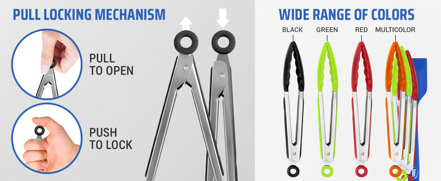 Kaluns Kitchen Tongs for Cooking Grilling Set of 4, BBQ Grill Tongs With Silicone Tip Stainless Steel Heat Resistant, Non-stick Pull Lock, Incl 7, 9, 12 Inch Tong Plus a Silicone Spatula