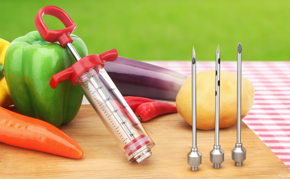 Meat Injector, 1-oz Plastic BBQ Marinade Injector Kit, Turkey Injector Syringe (3 Stainless Steel Meat Needles +3 Replacement O Rings + 1 Cleaning Brush) for Turkey Smoked BBQ Grill