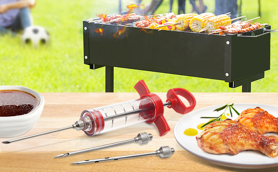 Meat Injector, 1-oz Plastic BBQ Marinade Injector Kit, Turkey Injector Syringe (3 Stainless Steel Meat Needles +3 Replacement O Rings + 1 Cleaning Brush) for Turkey Smoked BBQ Grill