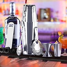 NutriChef Mixology Bartender Cocktail Shaker Set - Includes 15 & 30 oz Stainless Steel Shakers, 6 Bottle Pourers & More - Essential Martini Making Kit - Drink Mixing Set - 15 Piece Cocktail Bar Set