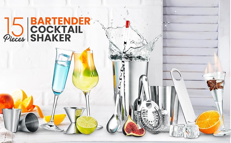 NutriChef Mixology Bartender Cocktail Shaker Set - Includes 15 & 30 oz Stainless Steel Shakers, 6 Bottle Pourers & More - Essential Martini Making Kit - Drink Mixing Set - 15 Piece Cocktail Bar Set