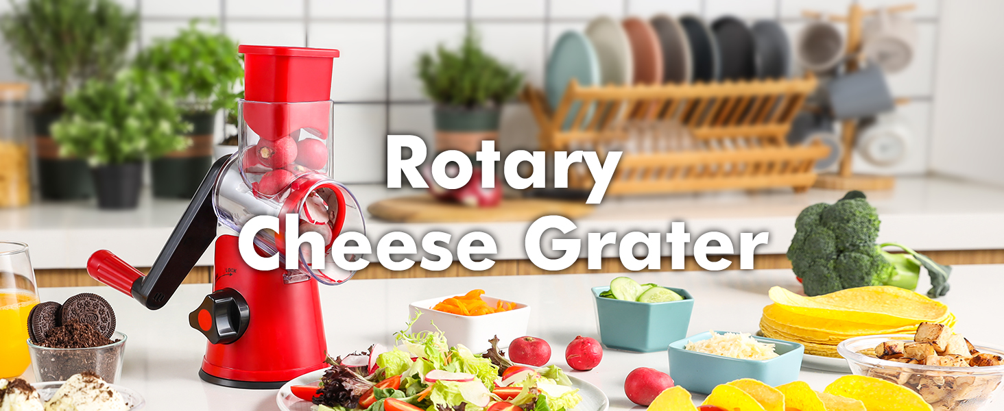 Cheese Grater Rotary, Rotary Grater for Kitchen, Kitchen Grater Vegetable Slicer with 3 Drum Blades, Fast Cutting Cheese Shredder for Vegetables and Nuts
